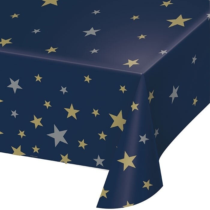 Table Cover - Navy &amp; Gold Stars - Plastic - 54&quot;X108&quot;