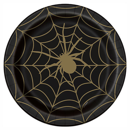 Plates - LN - Halloween - Black &amp; Gold Spider Web - 8 PCS