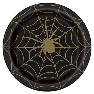 Plates - LN - Halloween - Black &amp; Gold Spider Web - 8 PCS