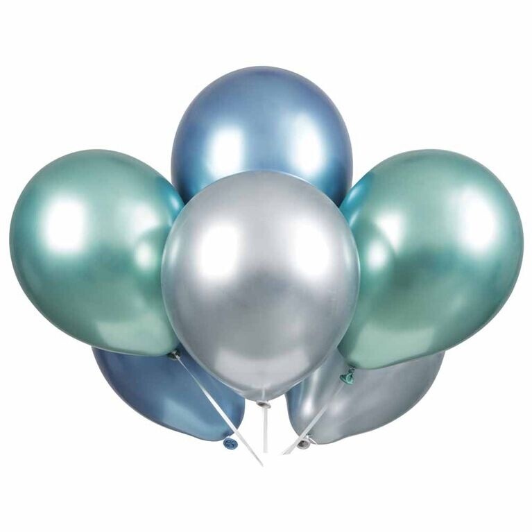 Latex Balloons - Chrome Assorted (Blue, Silver, Green) 6PK