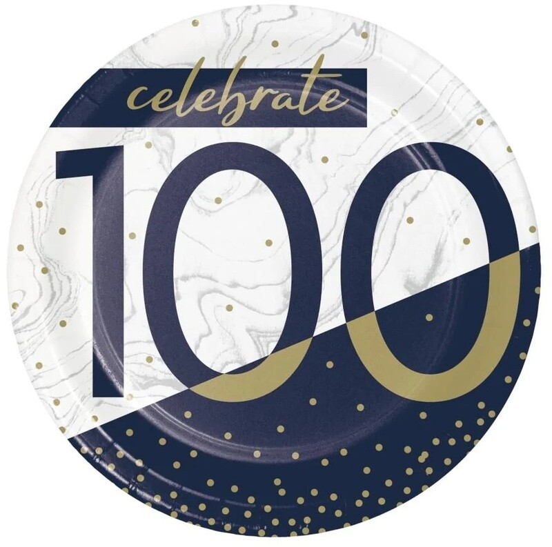 Plates - Bev - Navy &amp; Gold Milestone 100 - 8 pcs