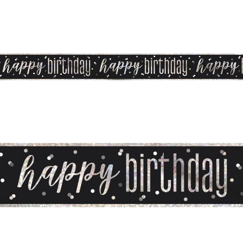 Banner - Happy Birthday - BLK/Silver - 12Ft