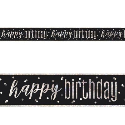 Banner - Happy Birthday - BLK/Silver - 12Ft