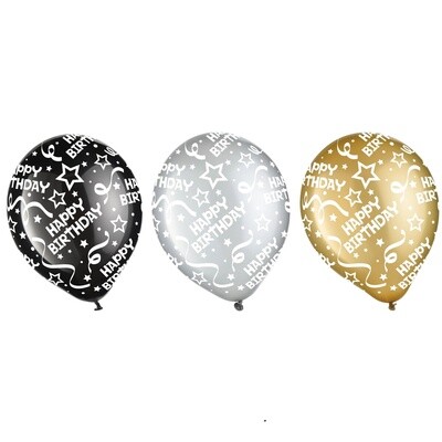 Black, Gold &amp; Silver Birthday Confetti All Over Print Latex Balloon Assortment