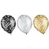 Black, Gold &amp; Silver Birthday Confetti All Over Print Latex Balloon Assortment