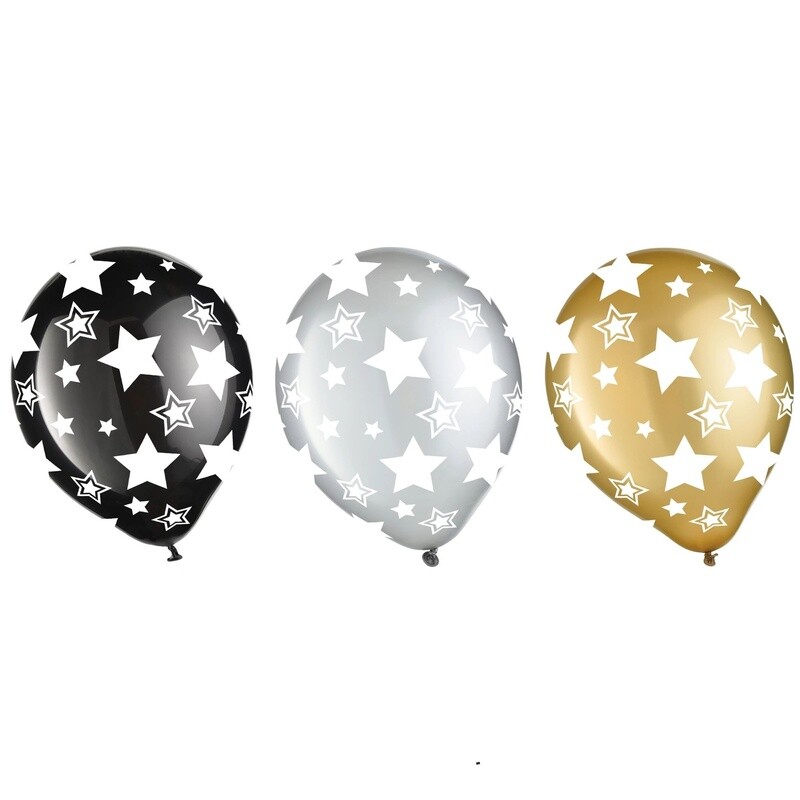 Balloons - Latex - Stars - Gold/Black/Silver - 12&quot; - 20PK