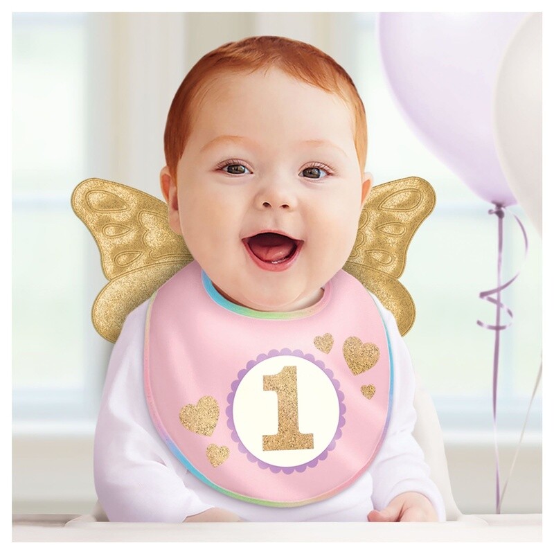 1st  Birthday Girl Bib W/Wings - Fabric