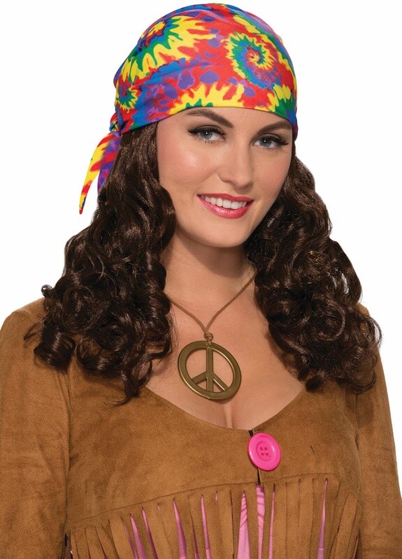 HIPPIE HEAD SCARF W WIG-BROWN
