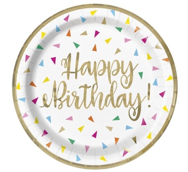 Plates - LN - Bright Triangle Birthday - 9&quot; - 8 PCS