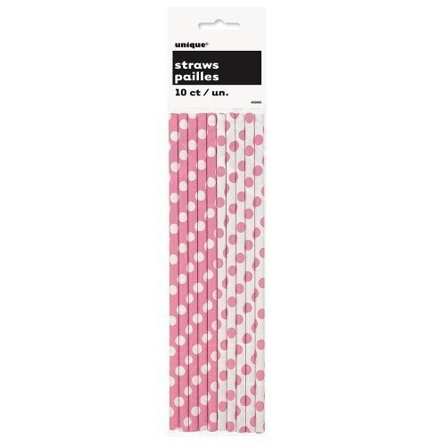 Paper Straws- Pink &amp; White Dots- 10pk/8&quot;