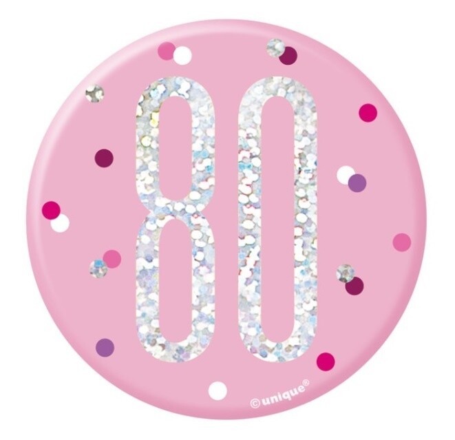 BDAY GLITZ PINK  3IN BADGE - 80th