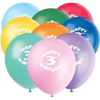Balloons - Latex - Happy 3rd Birthday - 8pk-12&quot;