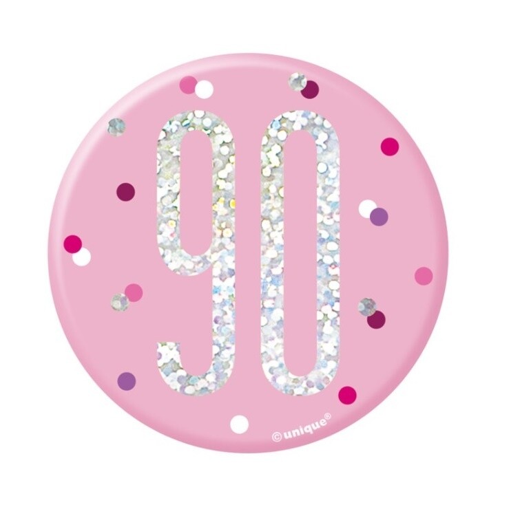 BDAY GLITZ PINK 3IN BADGE - 90th