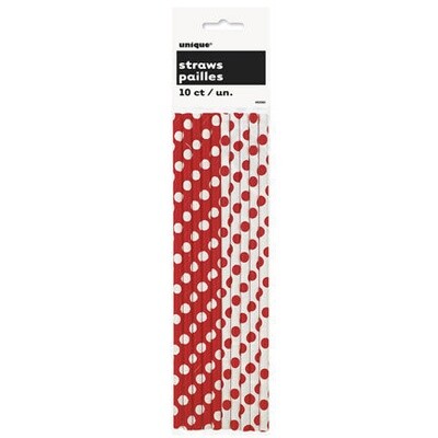 Paper Straws- Red &amp; White Dots- 10pk/8&quot;