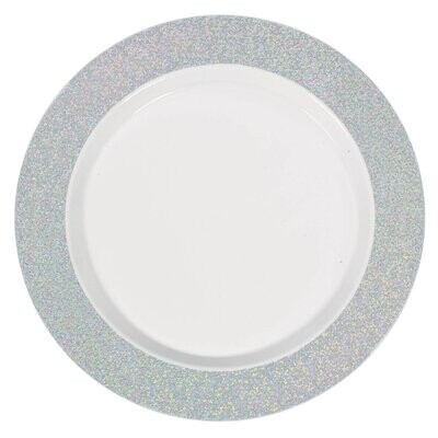 Premium Plastic White Plates w/Prismatic Silver Border, 7 1/2&quot;