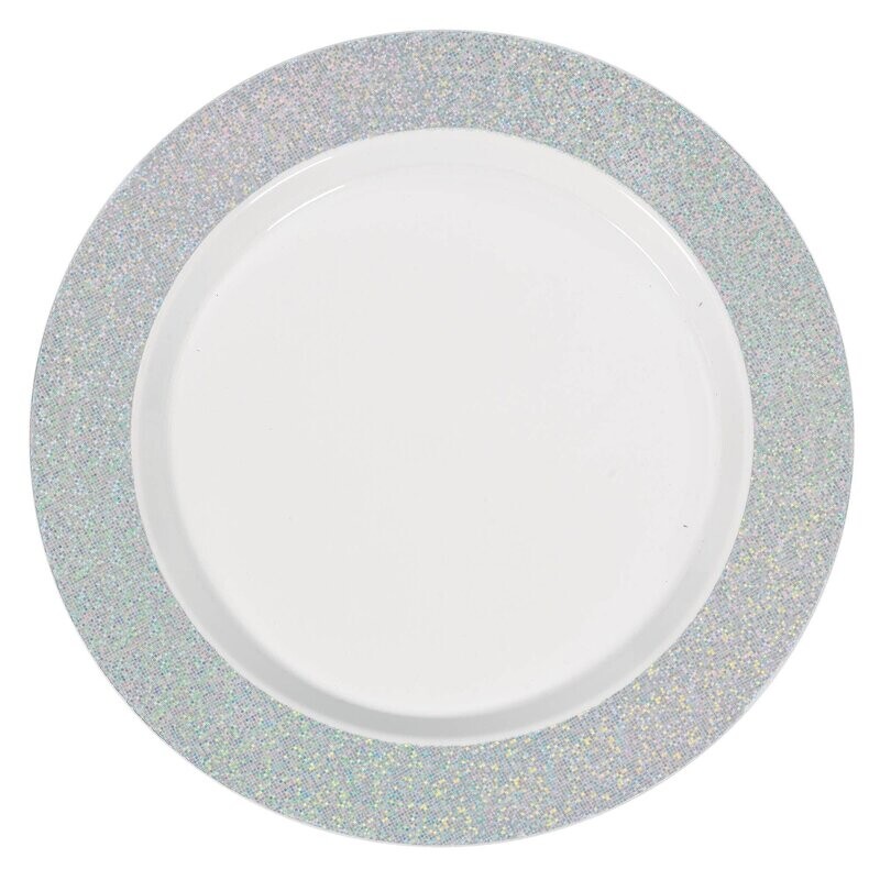 Premium Plastic White Plates w/Prismatic Silver Border, 7 1/2&quot;