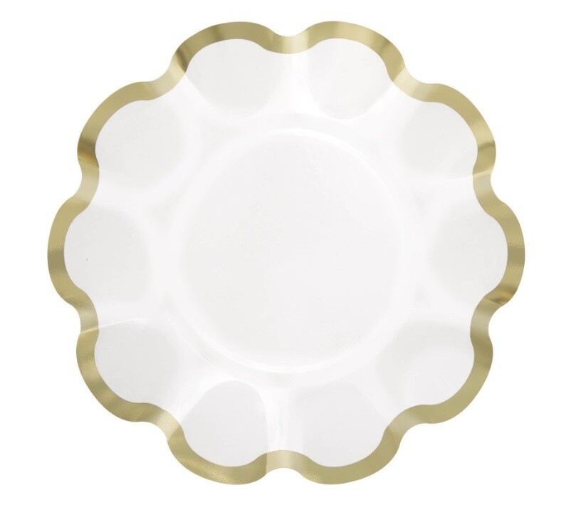 Plates - LN - White &amp; Gold - Scalloped - 8.25&quot; -  8PCS
