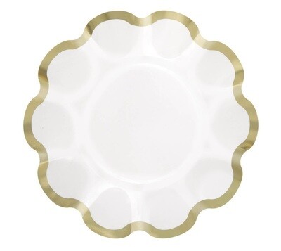 Plates - LN - White &amp; Gold - Scalloped - 8.25&quot; - 8PCS