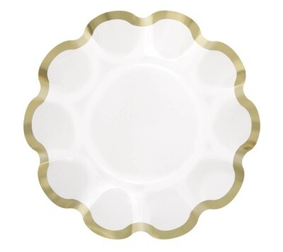 Plates - LN - White &amp; Gold - Scalloped - 8.25&quot; -  8PCS