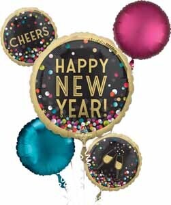Foil Balloons Bouquet - Colorful Confetti - Happy New Year - 5PCS