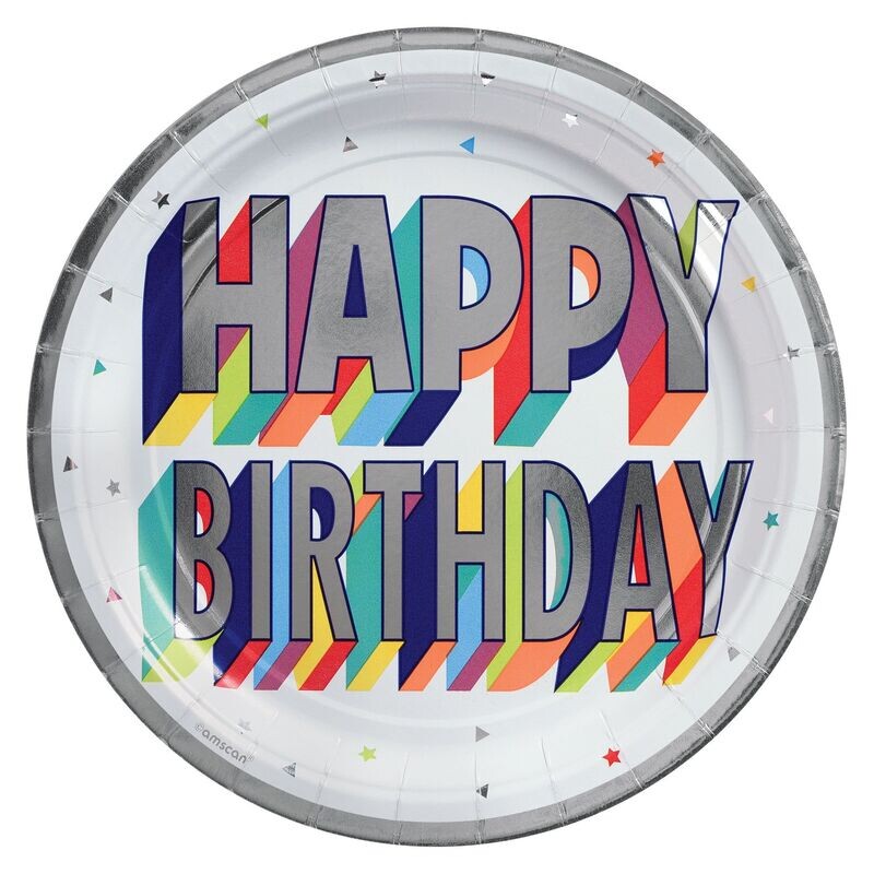 Here&#39;s To Your Birthday Metallic Round Plates, 9&quot;
