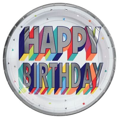 Here&#39;s To Your Birthday Round Metallic Plates, 7&quot;