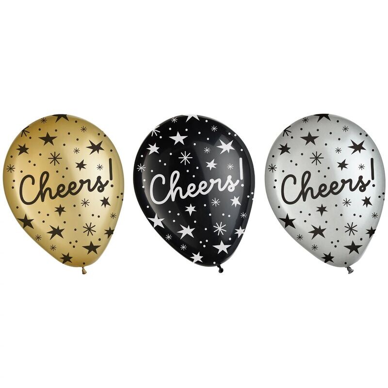 &quot;Cheers&quot; Printed Balloons - Black, Silver, Gold