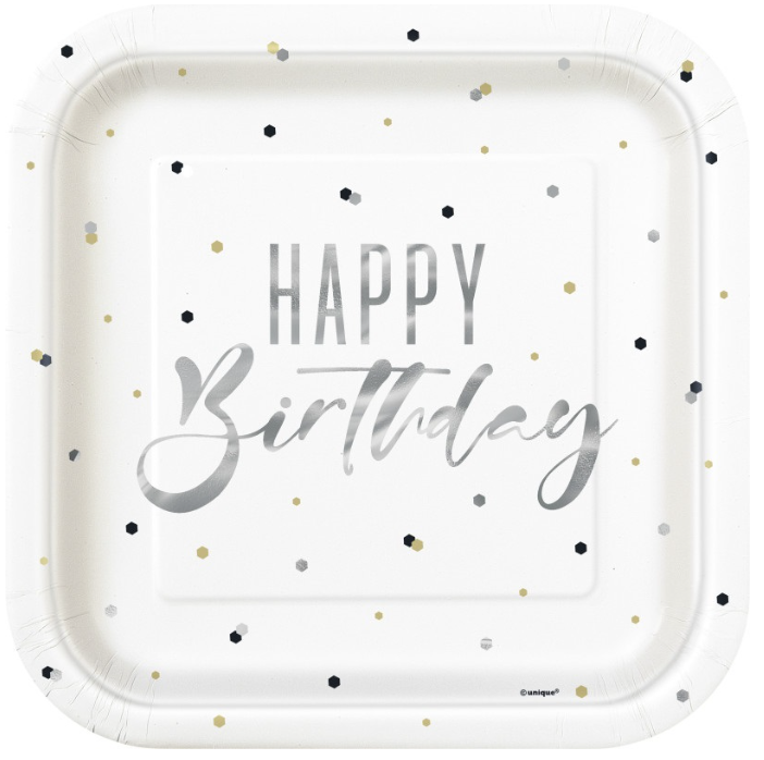 Silver Happy Birthday Square 9&quot; Dinner Plates  8ct - Foil Stamping