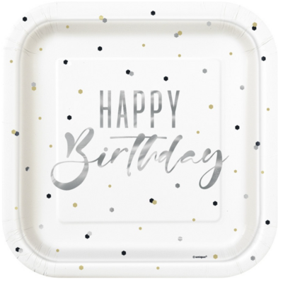 Silver Happy Birthday Square 9&quot; Dinner Plates  8ct - Foil Stamping