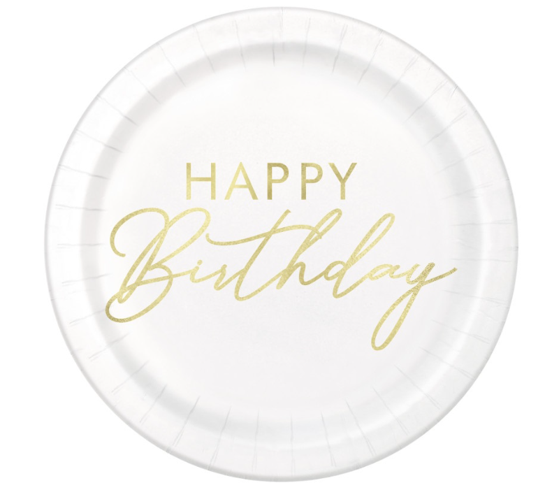 Gold Happy Birthday Round 7&quot; Dessert Plates  8ct
