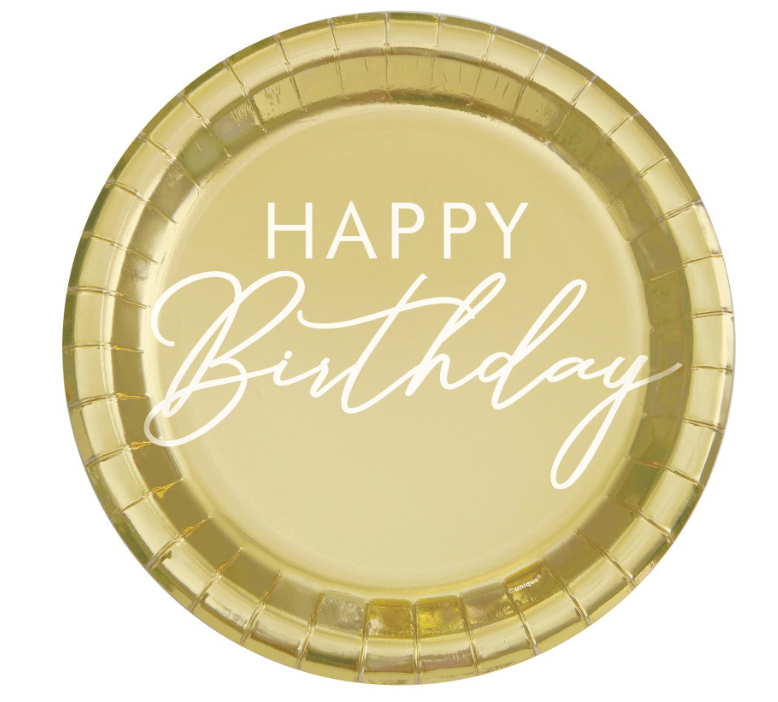 Gold Happy Birthday Round 9&quot; Dinner Plates 8ct