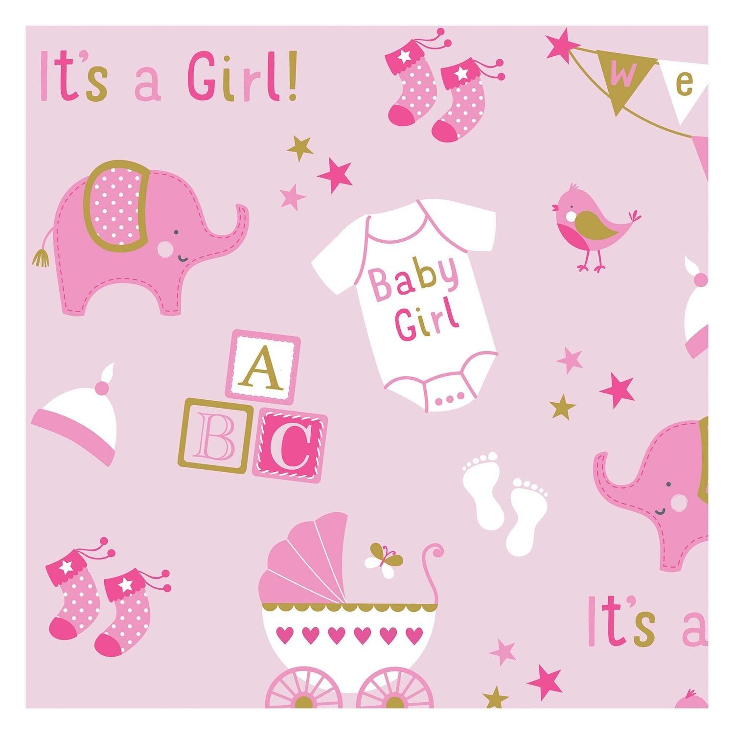 Gift Wrap - Baby Girl Elephant - Jumbo - (16ft  X 76cm)