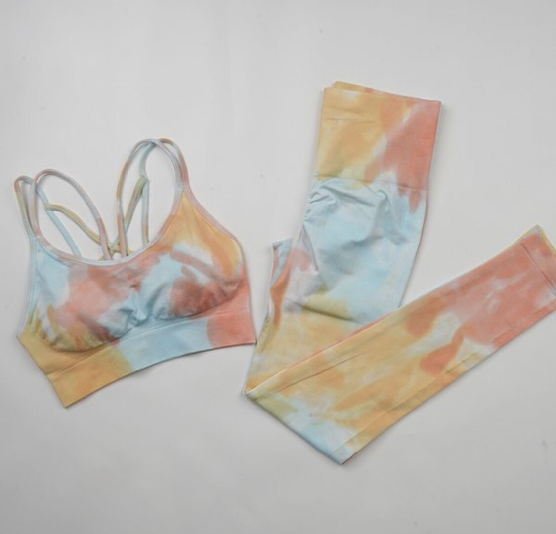 TIE DYE SCRUNCH BOTTOM 2 PIECE SET ORANGE/BLUE