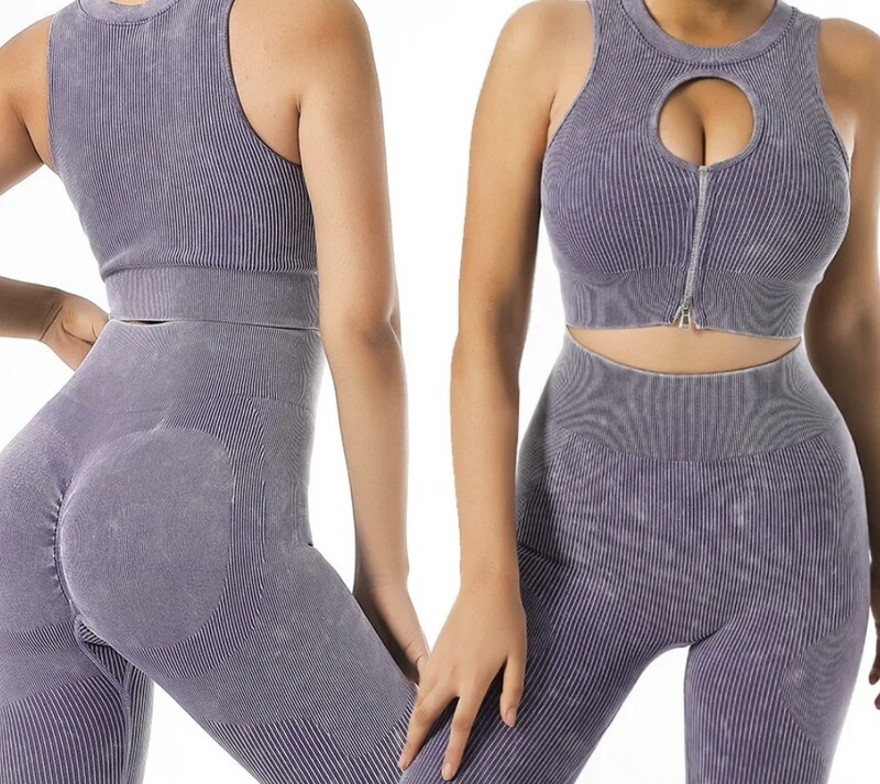LUXURY RIBBED SCRUNCH BUM GYM SET PURPLE