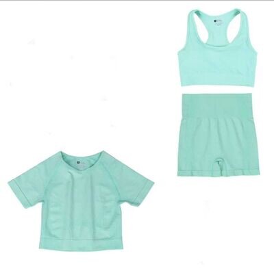 Bra, Crop T & Shorts in Green