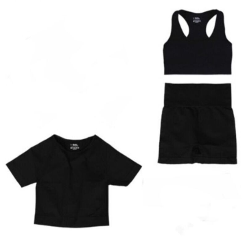Bra, Crop T & Shorts in Black