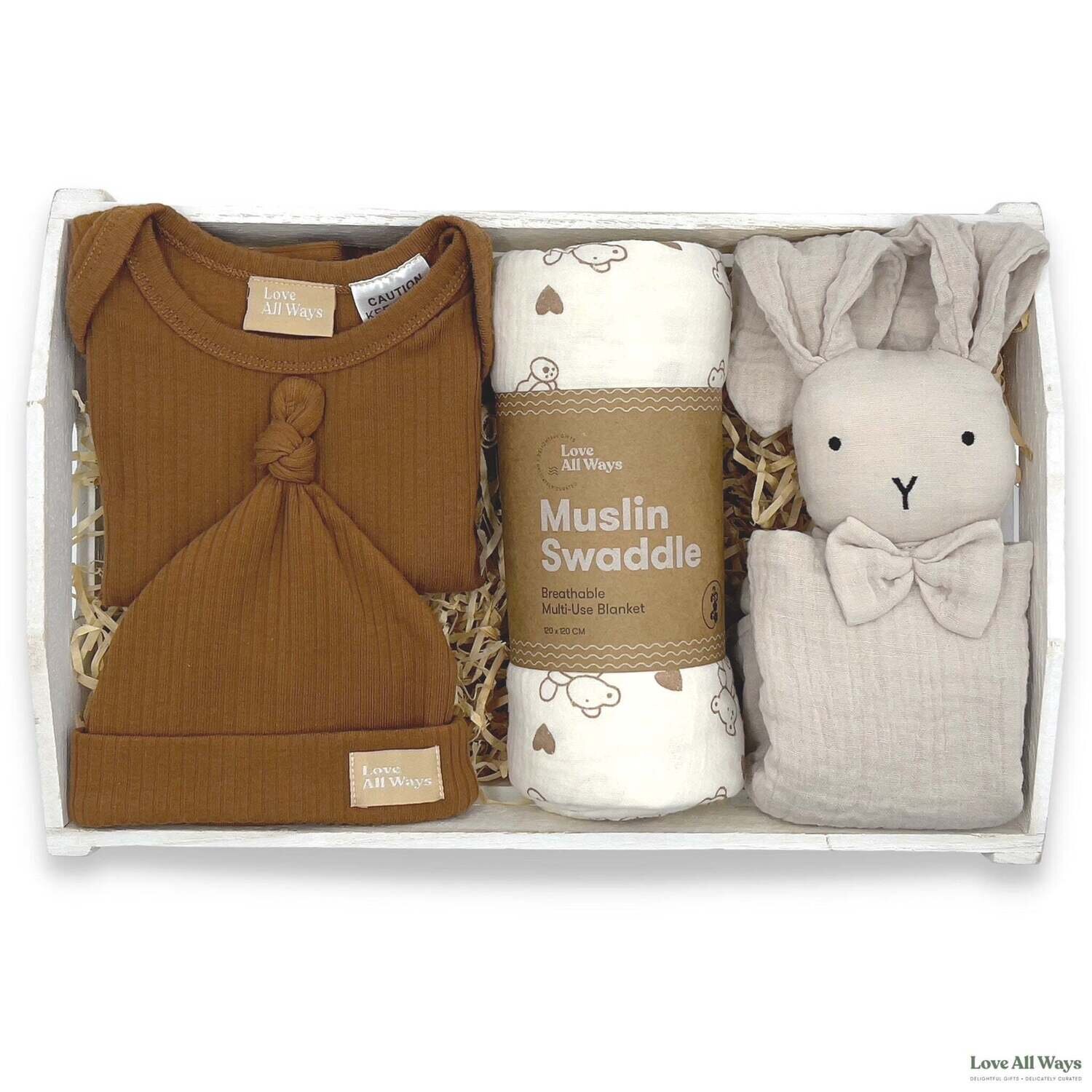 Love All Ways Organic Romper and Bunny Baby Hamper - Warm Caramel