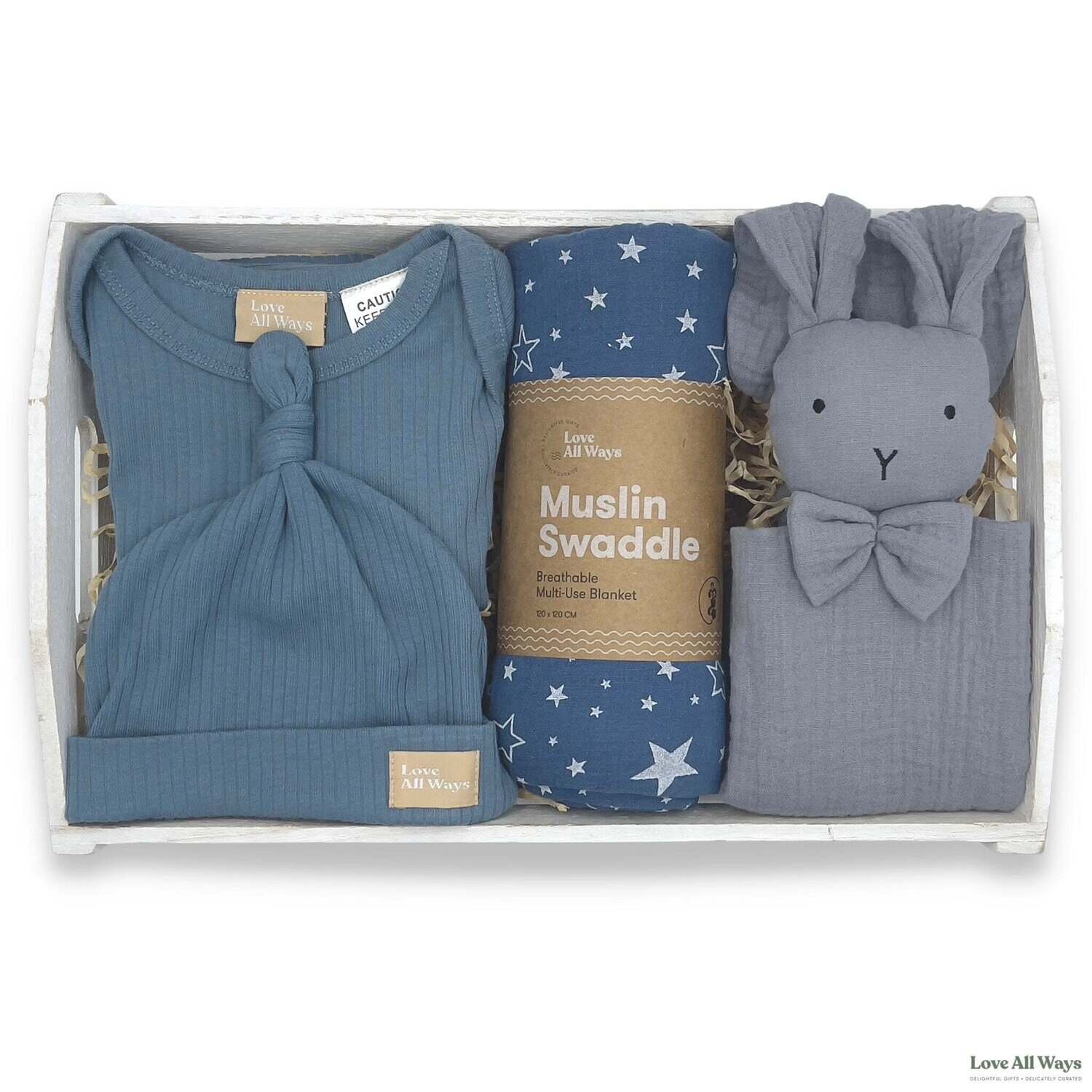 Love All Ways Organic Romper and Bunny Baby Hamper - Blue Steel