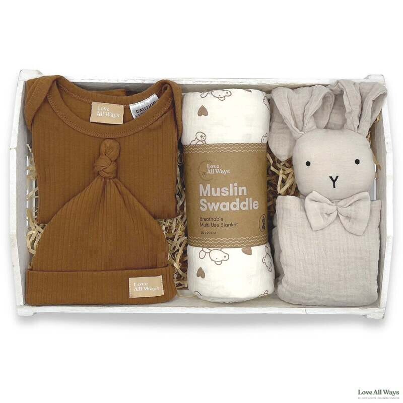 Love All Ways Organic Romper and Bunny Baby Hamper - Warm Caramel