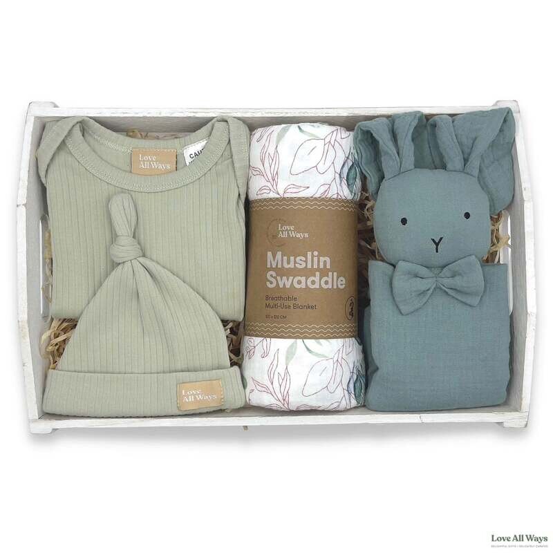 Love All Ways Organic Romper and Bunny Baby Hamper - Soft Sage