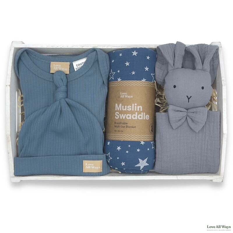 Love All Ways Organic Romper and Bunny Baby Hamper - Blue Steel
