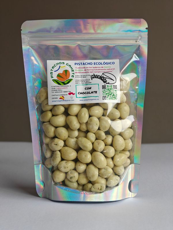 PISTACHO ECOLÓGICO RECUBIERTO DE CHOCOLATE BLANCO (250 GR.)