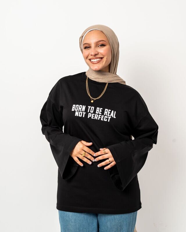 BORN TO BE REAL BLACK OVERSIZE WIDESLEEVE T-SHIRT