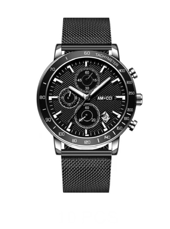 AMUCCI Chrono 1 – Milainese Schwarz-Herren Chronograph 45 mm, Edelstahl oder Leder, sportlich elegant, Datumsanzeige, Geschenk für Männer