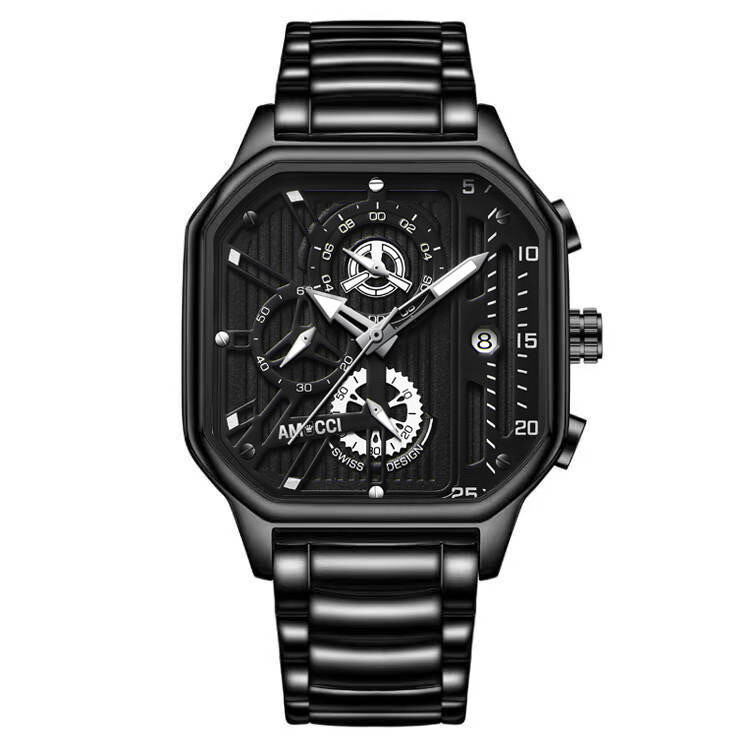 AMUCCI Watch Quadro 1, Schwarz Metall Chrono Armbanduhr Herren Uhr Chronograph Herrenuhren