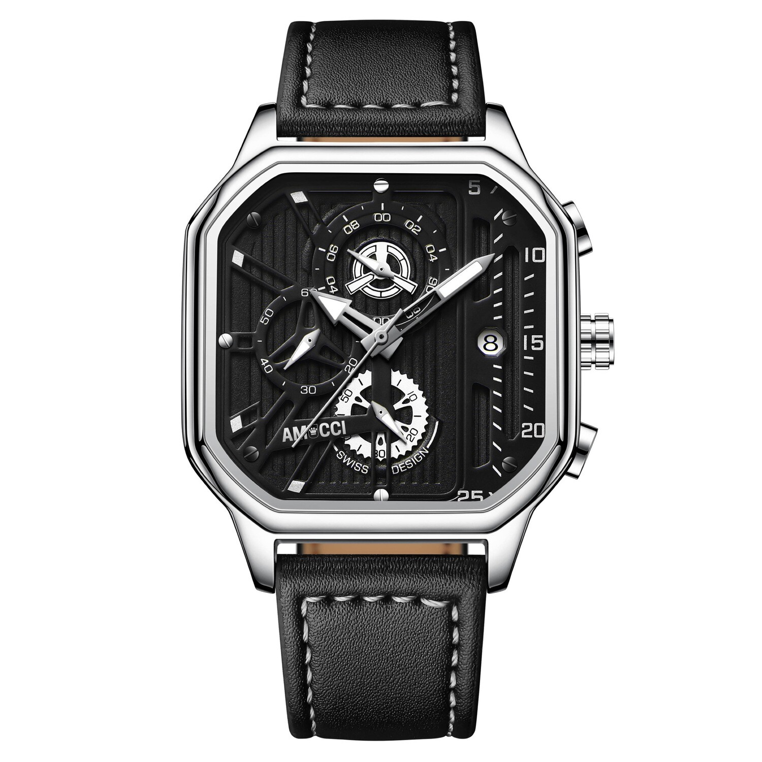 AMUCCI Watch Quadro 1, Schwarz/Silber Leder Chrono Armbanduhr Herren Uhr Chronograph Herrenuhren