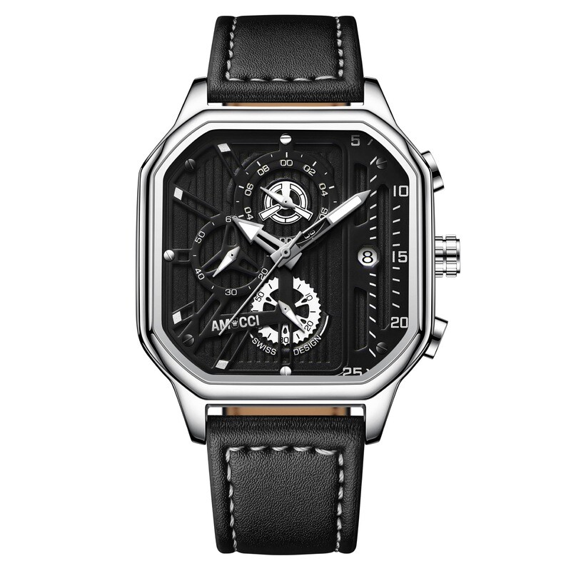 AMUCCI Watch Quadro 1, Schwarz/Silber Leder Chrono Armbanduhr Herren Uhr Chronograph Herrenuhren