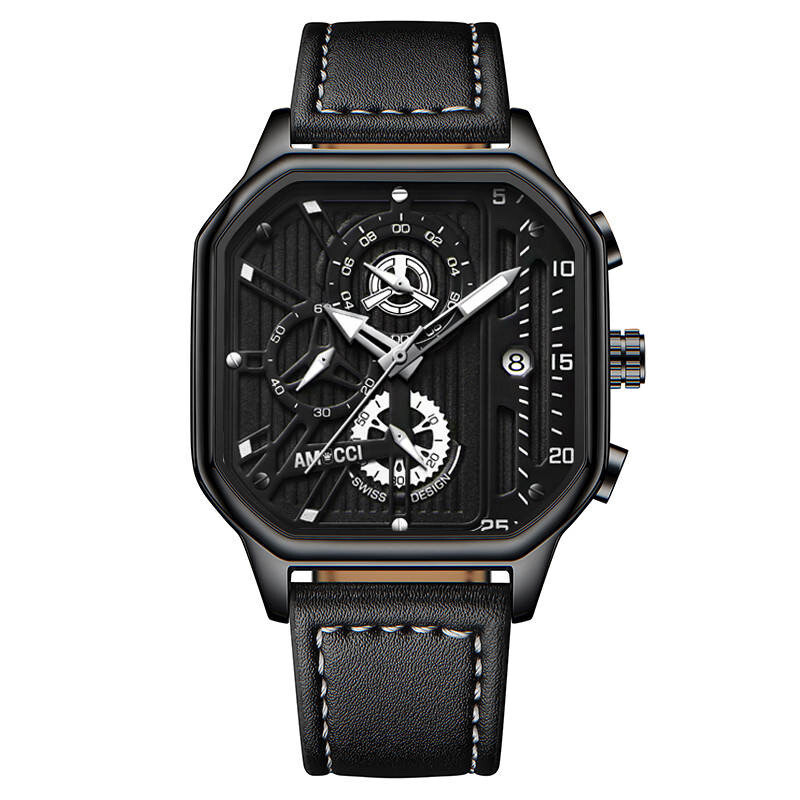 AMUCCI Watch Quadro 1, Schwarz Leder Chrono Armbanduhr Herren Uhr Chronograph Herrenuhren
