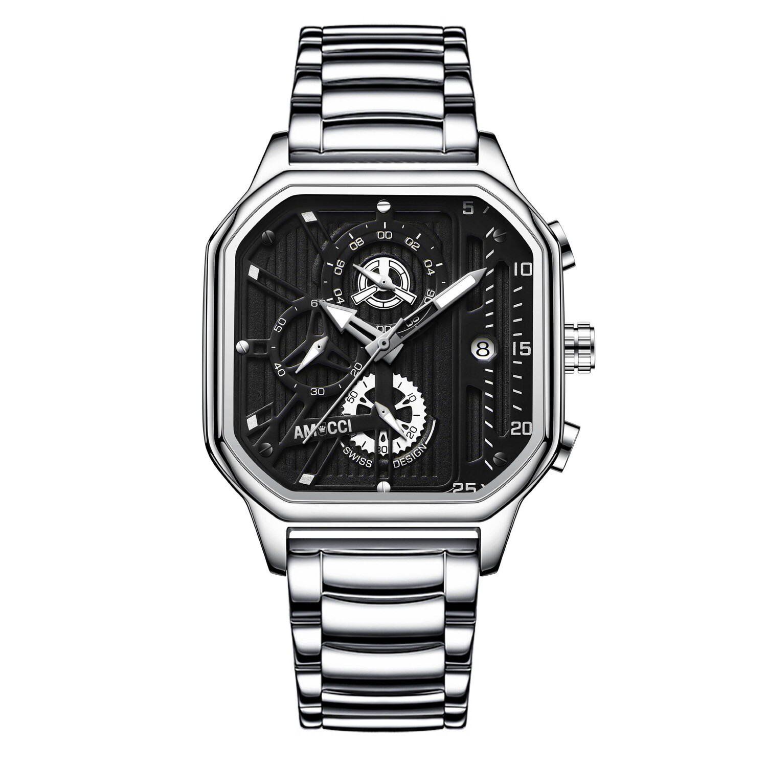 AMUCCI Watch Chrono Quadro 1, Silber Metall Chrono Armbanduhr Herren Uhr Chronograph Herrenuhren