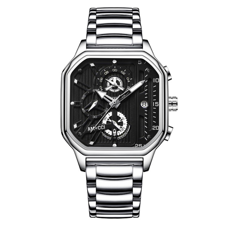 AMUCCI Watch Chrono Quadro 1, Silber Metall Chrono Armbanduhr Herren Uhr Chronograph Herrenuhren